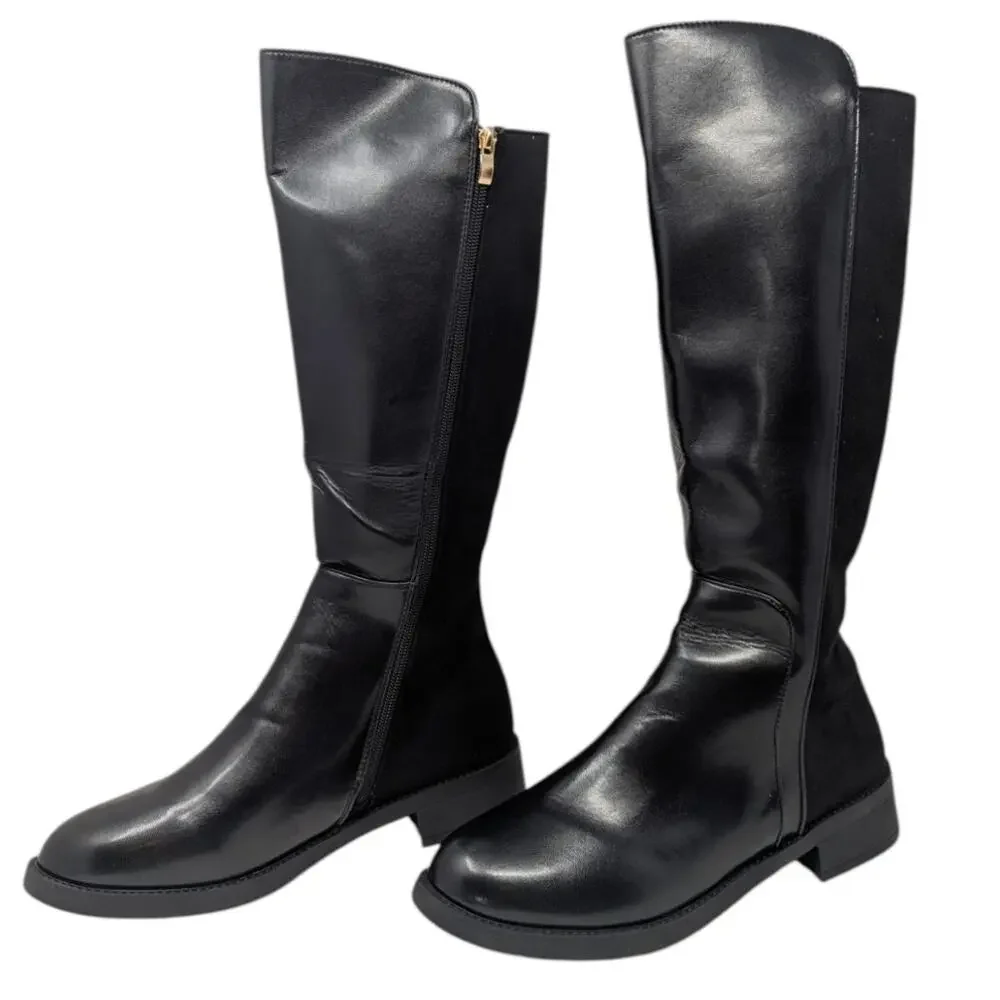Black Vegan Leather Knee High Riding Boots Wide Calf Size 43 Zip Back Panel